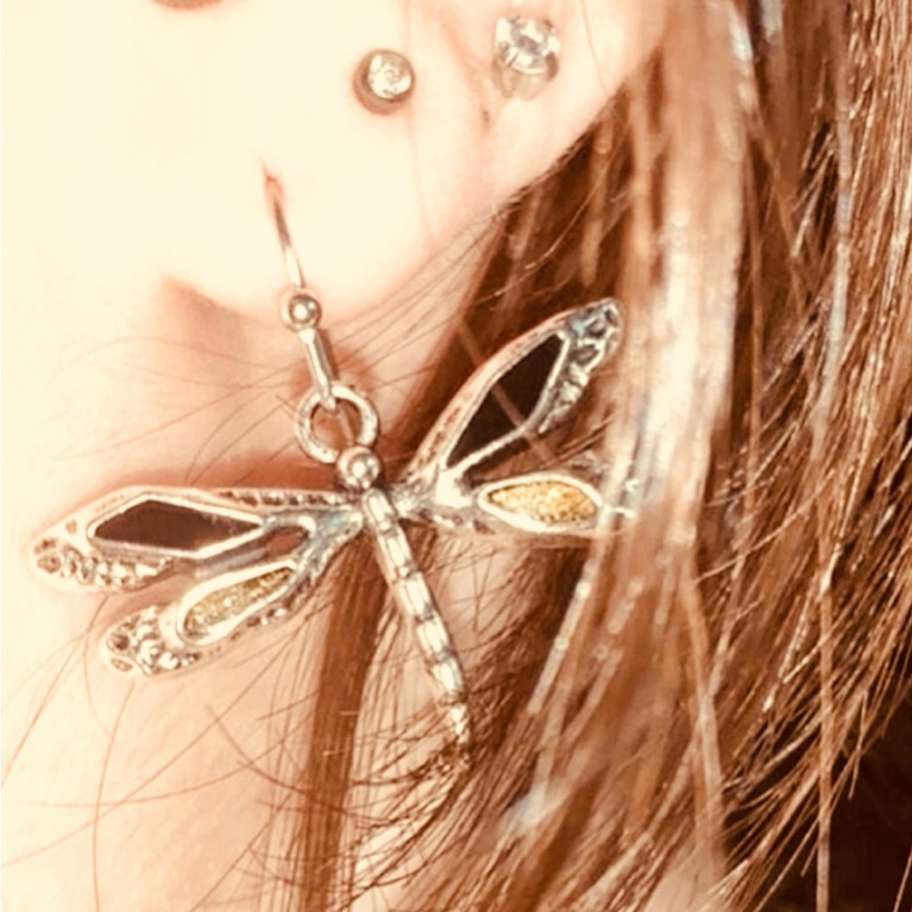 “Dragonfly” Firefly Silver Black & Green Iridescent Glitter Winged Insect Dangle - Picture 7 of 16